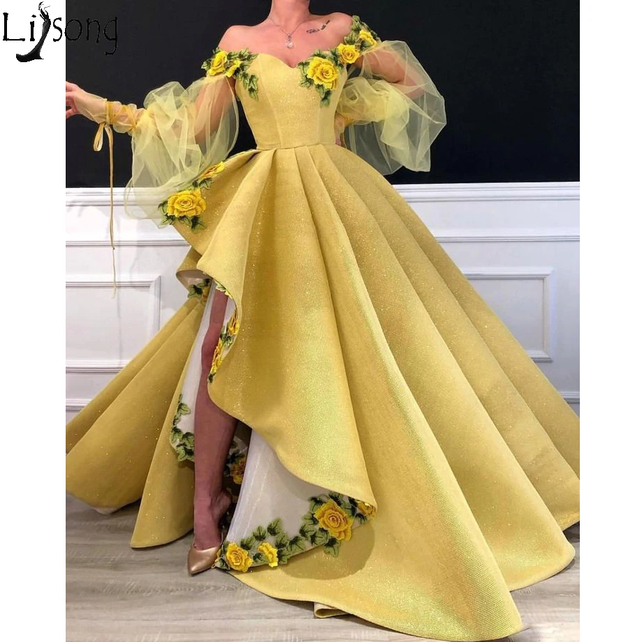Chic Embroidery Yellow Asymmetric Prom Dresses Off Shoulder Tulle Puffy Long Sleeve Evening Dress Arabic Dubai Women Formal Gown
Chic Embroidery Yellow Asymmetric Prom Dresses Off Shoulder Tulle Puffy Long Sleeve Evening Dress Arabic Dubai Women Formal Gown