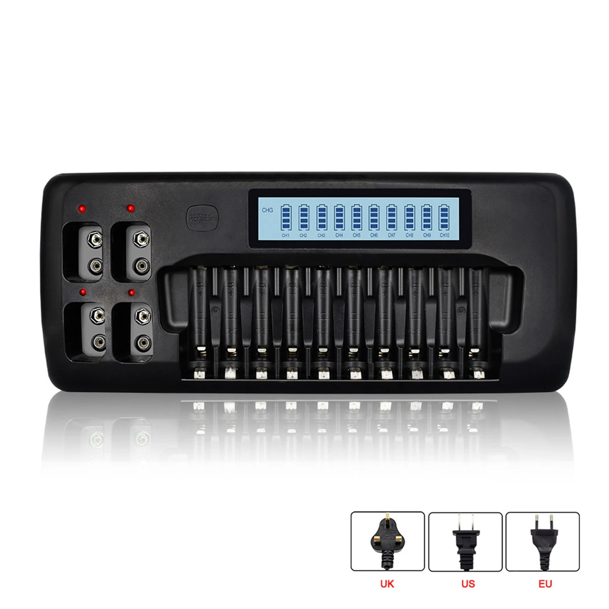 

14-Slot LCD Smart Battery Charger with Discharge Function for AA AAA 9V Ni-MH Li-ion Rechargeable Batteries US EU UK Plug