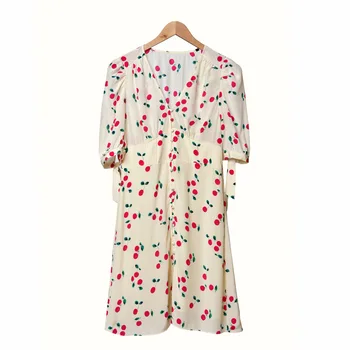 New Cherry Print Silk Dress Fresh Summer Soft V Neck Mini Dress With Buttons
New Cherry Print Silk Dress Fresh Summer Soft V Neck Mini Dress With Buttons