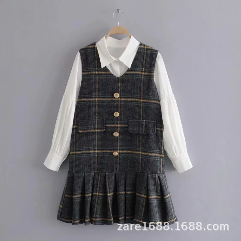 Czz-321 WOMEN'S Dress New Products White Lapel Shirt Tops + Tartan Vest Suit Dress 
Czz-321 WOMEN'S Dress New Products White Lapel Shirt Tops + Tartan Vest Suit Dress