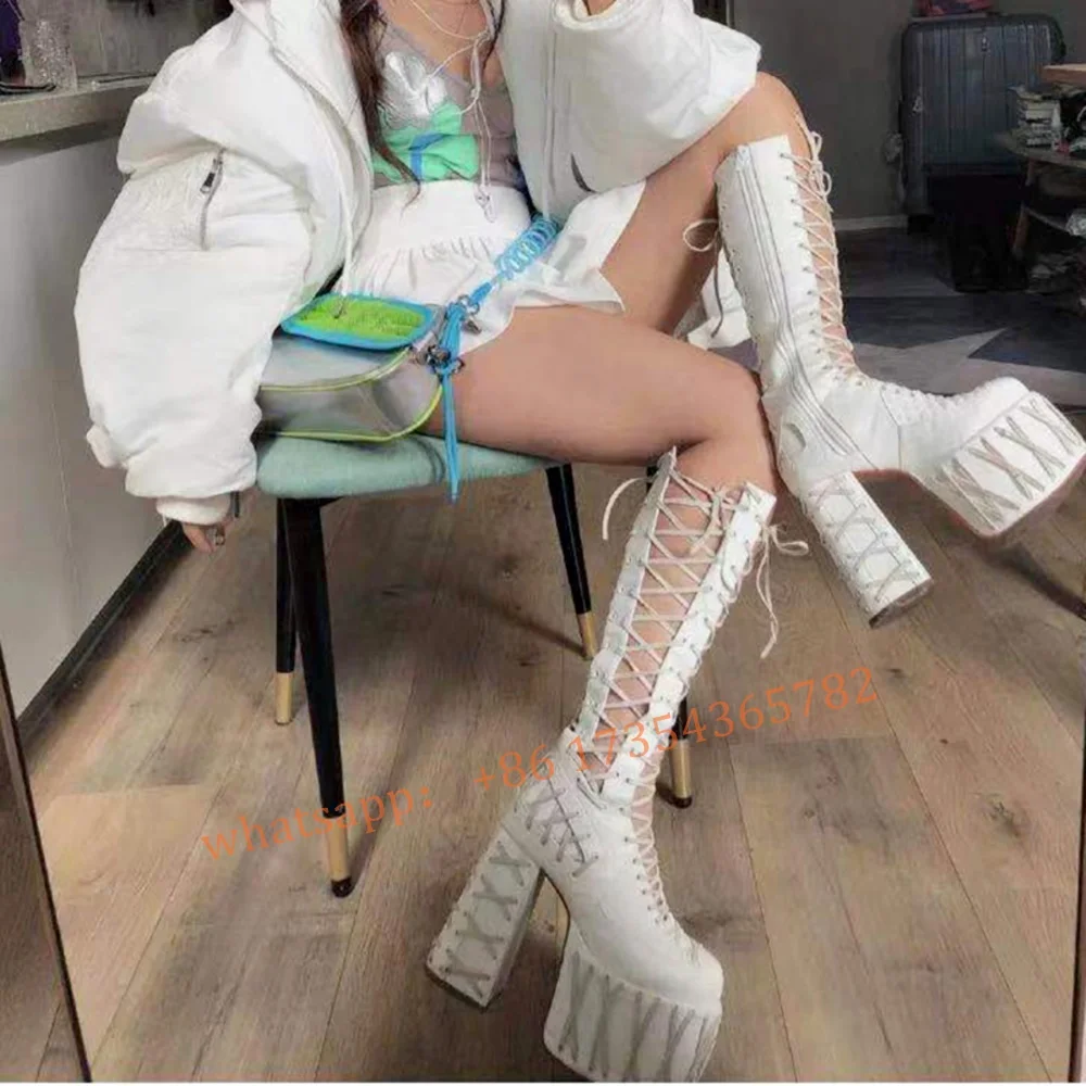 

White Chunky Platform Heel Hollow Knee High Boots Lady Lace up Super High Heel Summer Bootie 2022 Lolita Motorcycle Shoes