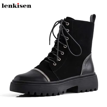 Lenkisen mixed colors cow leather design rock Zipper boots lace up round toe med heels winter women high fashion ankle boots L46 
Lenkisen mixed colors cow leather design rock Zipper boots lace up round toe med heels winter women high fashion ankle boots L46