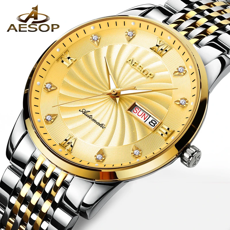 AESOP Brand Gold Mechanical Watches for Men Luxury Stainless Steel Business Automatic Wristwatch Waterproof Clock Reloj Hombre
AESOP Brand Gold Mechanical Watches for Men Luxury Stainless Steel Business Automatic Wristwatch Waterproof Clock Reloj Hombre