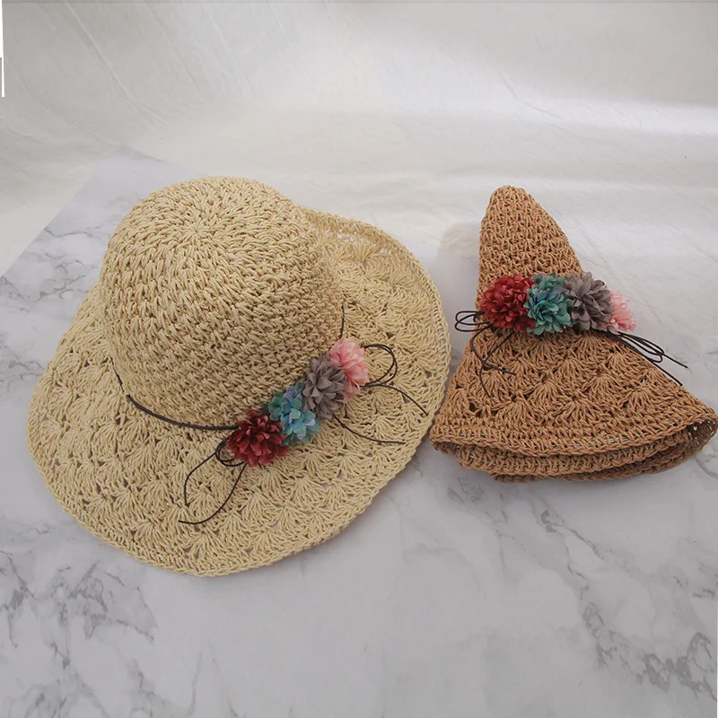 

H7458 Korean Foldable Sun Hat Large Brim Straw Female Flowers Sunshade Cap Outdoor Seaside Beach Summer Sunscreen Casual Hats