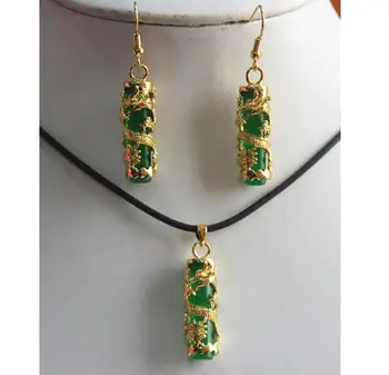 

Free Shipping unique dragon inlay green cylinder natural JADE pendant & earrings sets