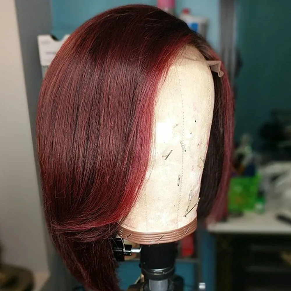 China 370 Big Lace Frontal Human Hair Wig With Bangs Straight Red Bob 13X4 Front Lace Wigs 99J Burgundy Glueless Preplucked Remy Hair For Black Woman
