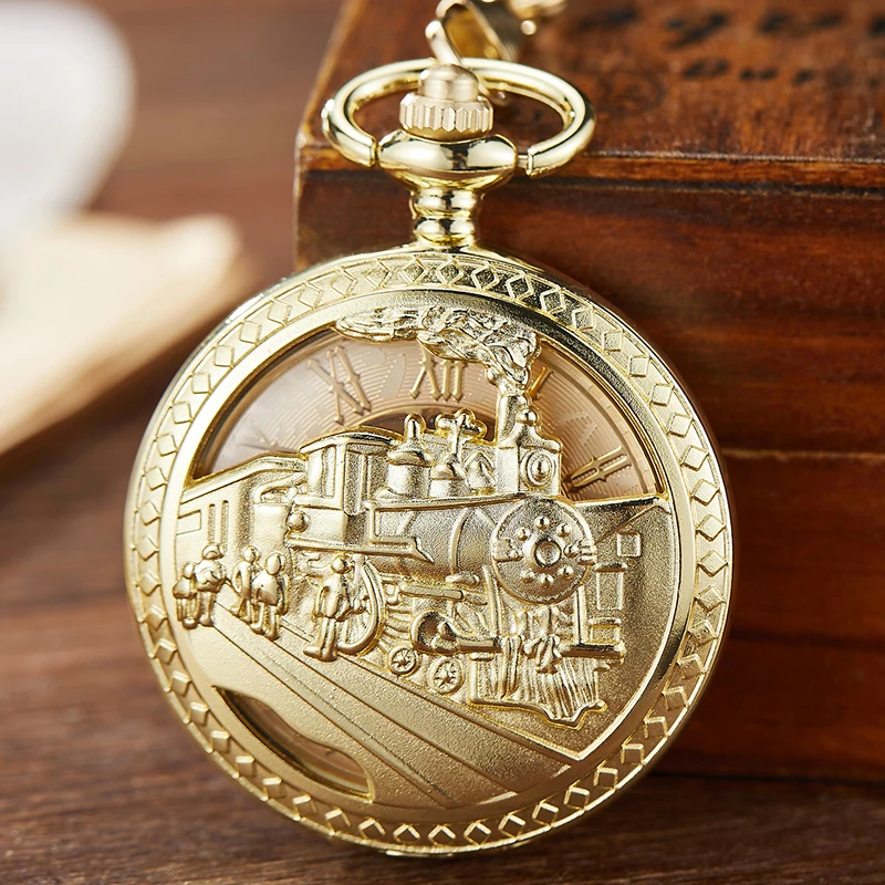 

Gold Mechanical Pocket Watch Hollow Steampunk Train Engraved Hand Winding Watch Skeleton Fob Chain Necklace Pendant Clock
