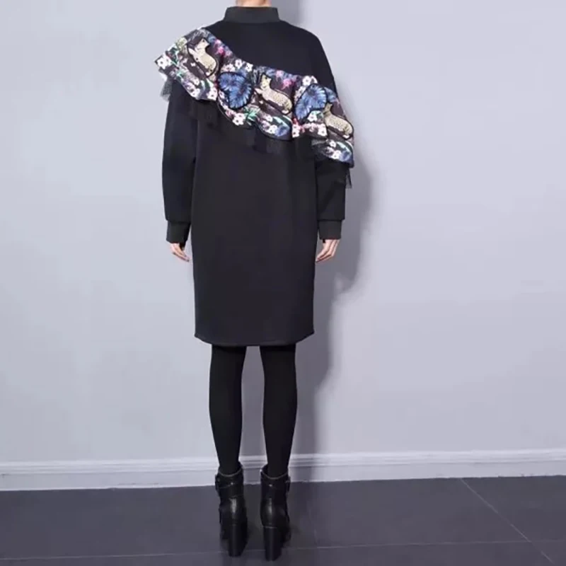 CHICEVER Patchwork Ruffle Autumn Dress For Women Stand Collar High Waist Lantern Sleeve Mini Dresses Female 2019 Fashion New (2).jpg