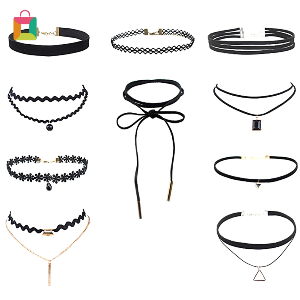 

10 PCS/Set Choker Necklaces Gothic Tattoo Black Lace Leather Velvet Collier Women Collar Femme Chocker Jewelery Punk Glittery