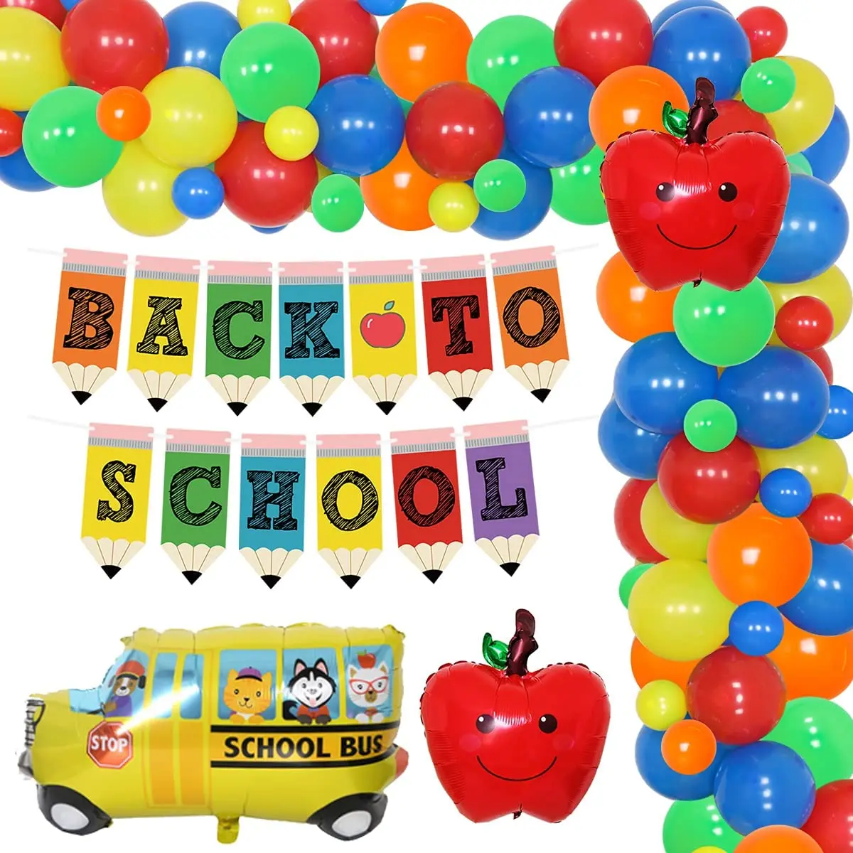 

Back To School Balloon Garland Party Decorations First Day of School Decorations Red Apple and School Bus Foil Balloons Decor