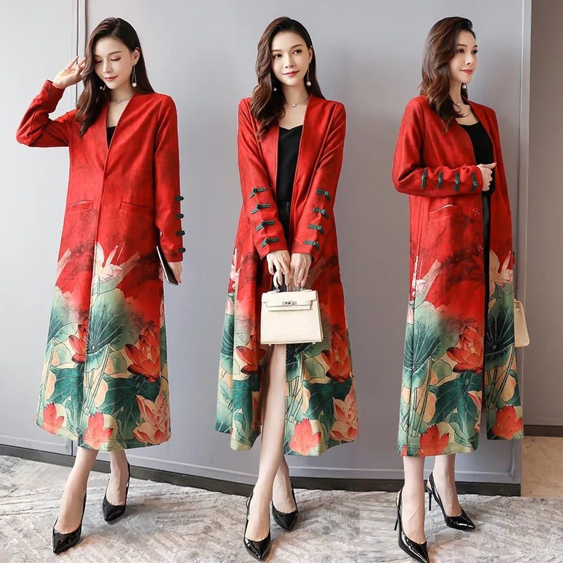 Spring And Autumn Chinese-style Retro Mom Coat Large Size Printed Ethnic-Style Suede Trench Coat Women's Western Style Long over
Spring And Autumn Chinese-style Retro Mom Coat Large Size Printed Ethnic-Style Suede Trench Coat Women's Western Style Long over