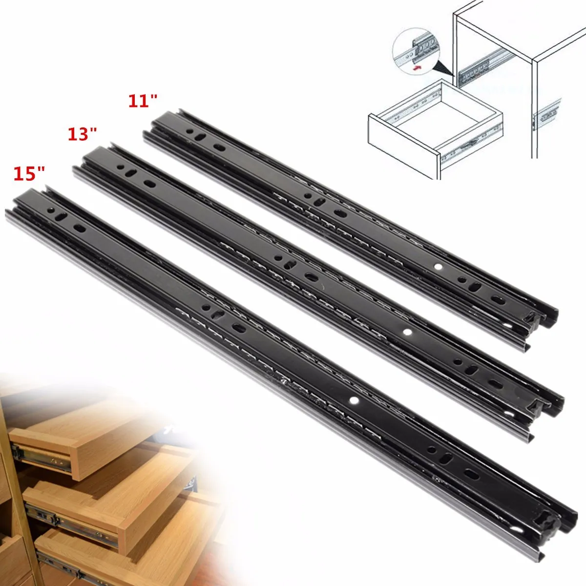 11/13/15inches Drawer Slides Full Extension Side Mount Runner 3 Section Soft Close Ball Bearing Damping Buffer Cabinet Rails
11/13/15inches Drawer Slides Full Extension Side Mount Runner 3 Section Soft Close Ball Bearing Damping Buffer Cabinet Rails