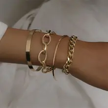 

4pcs Punk Curb Cuban Chain Bracelets Set for Women Miami Boho Thick Gold Color Charm Bracelets Bangles Fashion Jewelry