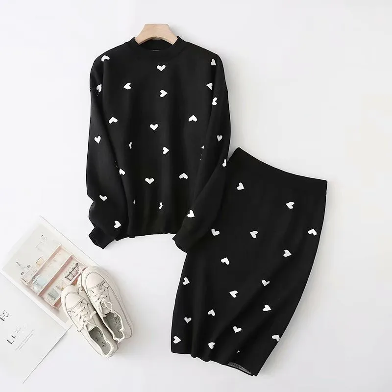 Heart Print Knitted Pullover And High Waist Skirt Suit Two Piece Set O-Neck Women Sweet Top And Skirt Sweater Outfits
Heart Print Knitted Pullover And High Waist Skirt Suit Two Piece Set O-Neck Women Sweet Top And Skirt Sweater Outfits
