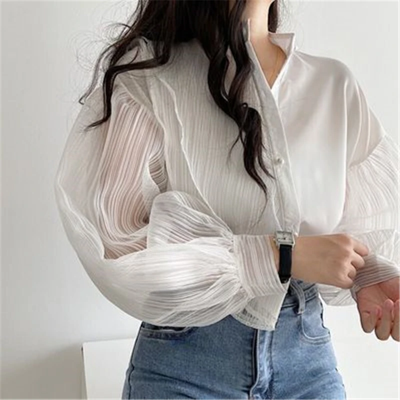 Ladies White Or Black Translucent Chiffon Shirts Spring Autumn Casual Loose Stand Collar Pearl Buttons Patchwork Blouses Female
Ladies White Or Black Translucent Chiffon Shirts Spring Autumn Casual Loose Stand Collar Pearl Buttons Patchwork Blouses Female