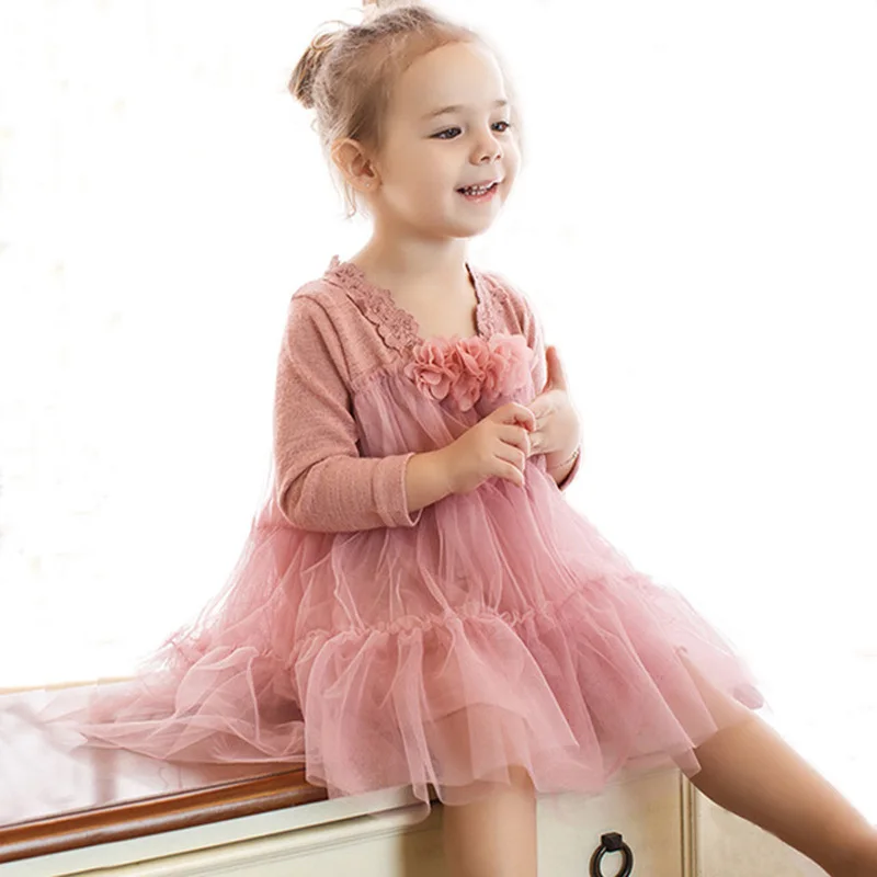 

Детское мягкое многослойное платье из тюля для девочек, розовое кружевное платье принцессы, Детские праздничные платья, Цветочное платье с длинным рукавом LZ669