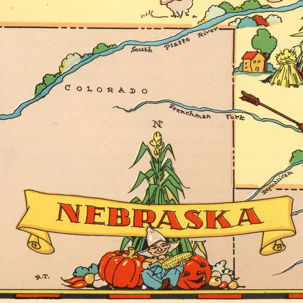Estados Unidos Publicado En 1935 Mapa De Nebraska Gran Vintage