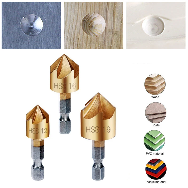 3pcs/6pcs Countersink Drill Bit Set 1/4'' Hex Shank HSS 5 Flute Countersink 90 Degree Wood Chamfering Cutter Chamfer 6mm-19mm
3pcs/6pcs Countersink Drill Bit Set 1/4'' Hex Shank HSS 5 Flute Countersink 90 Degree Wood Chamfering Cutter Chamfer 6mm-19mm