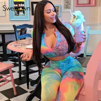 Sweetown Tie Dye Print Fitness Tracksuit Women 2 Piece Set Casual Outfits Long Sleeve Zipper Crop Top And Pants Suit Autumn
Sweetown Tie Dye Print Fitness Tracksuit Women 2 Piece Set Casual Outfits Long Sleeve Zipper Crop Top And Pants Suit Autumn