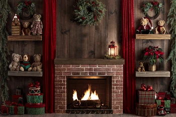 Christmas Claus Corner Toy Shelves Fireplace Backdrop Teddy Bears Decorations Cabin Portrait Photography Background Photoshoot