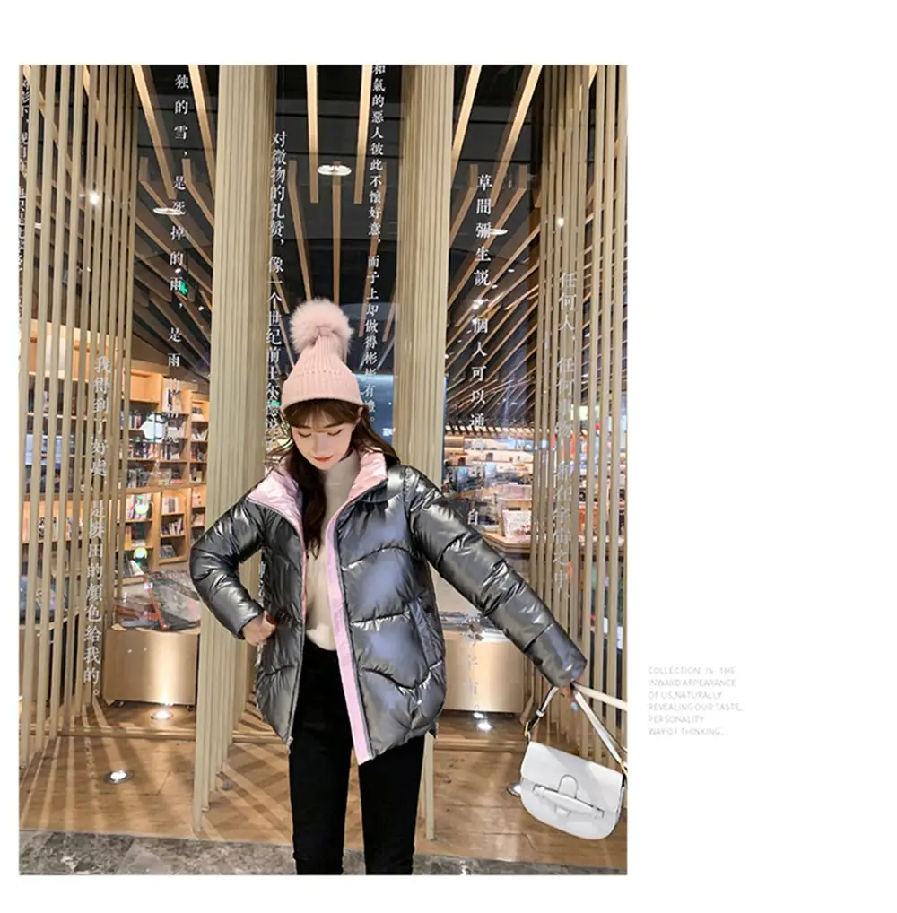PinkyIsBlack 2020 Autumn Womens Winter Coats Fashion Glossy Stand Collar Parkas Winter Jacket Women Shinny Padded Cotton Coat