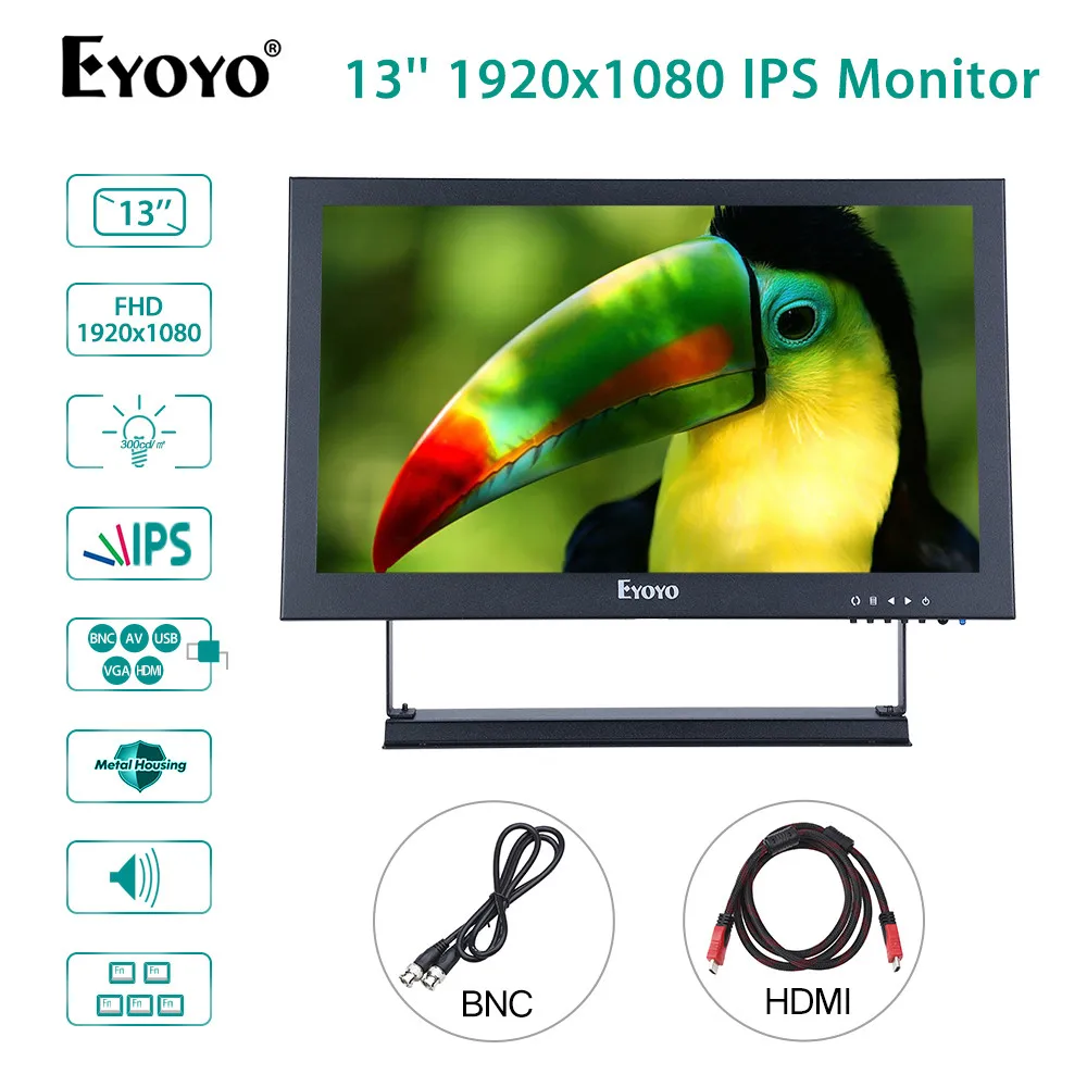 Eyoyo 13 "EM13 IPS HDMI BNC монитор FHD 1920X1080 ЖК-экран с VGA AV USB динамиком для DVD DVR ПК CCTV камеры