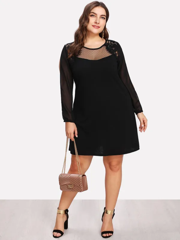 Autumn New Style Hot Models Crew Neck Long Sleeve Lace Gauze Splicing Dress 1608