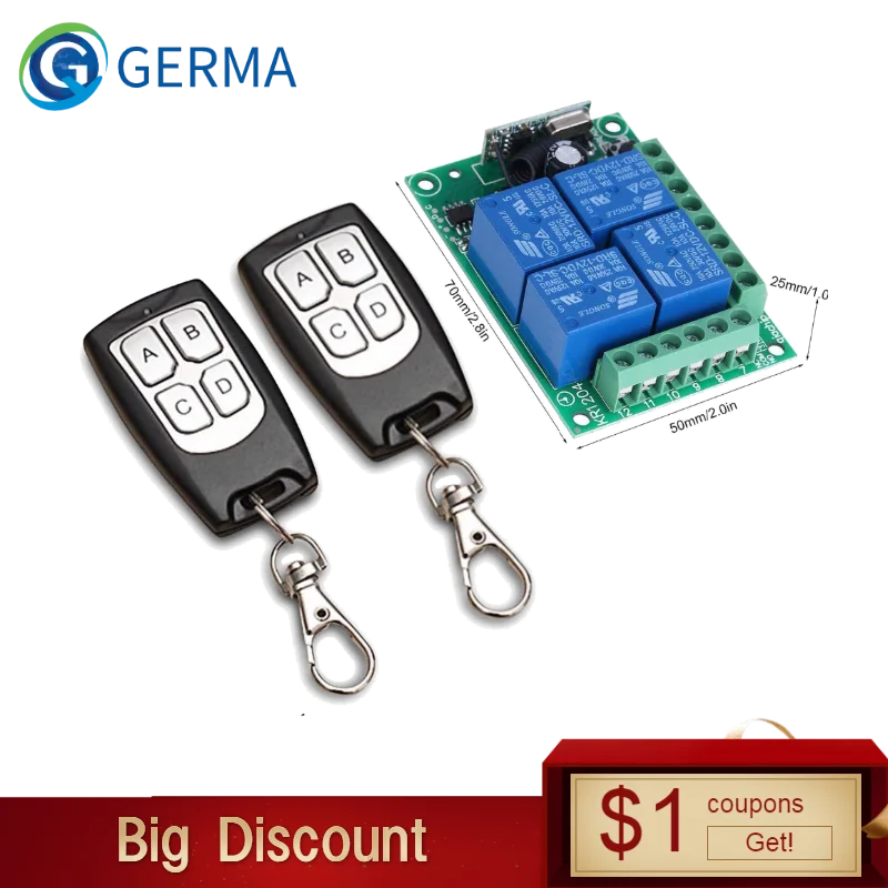 GERMA Universal Wireless Remote Control Switch DC 12V 4CH relay Receiver Module With 4 channel RF Remote 433 Mhz Transmitter
GERMA Universal Wireless Remote Control Switch DC 12V 4CH relay Receiver Module With 4 channel RF Remote 433 Mhz Transmitter