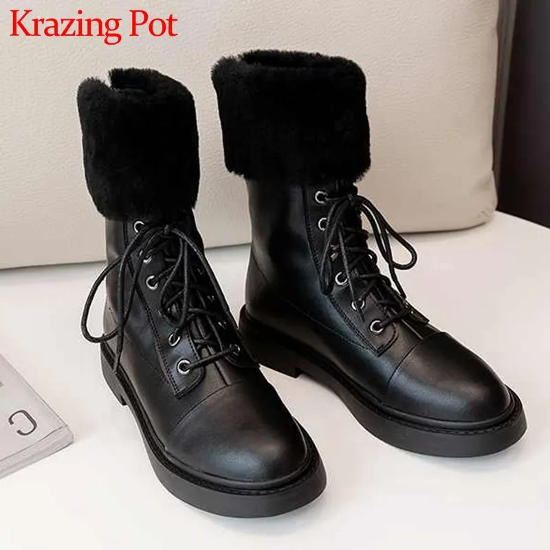 Krazing Pot handsome fashion lambswool cow leather boots round toe low heels women winter keep warm lace up mid-calf boots L53
Krazing Pot handsome fashion lambswool cow leather boots round toe low heels women winter keep warm lace up mid-calf boots L53