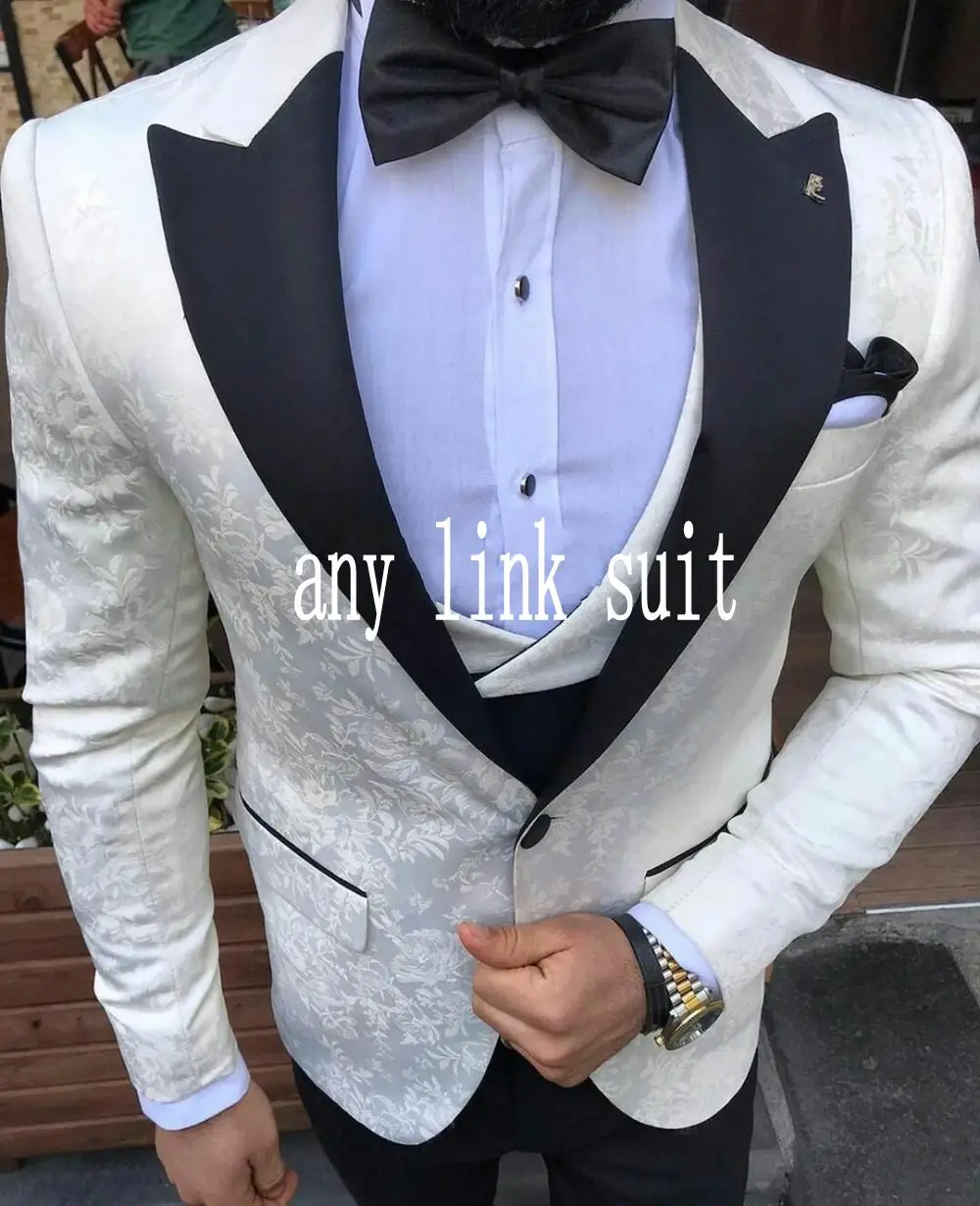 

New Design One Button Ivory Pattern Groom Tuxedos Peak Lapel Groomsmen Mens Wedding Prom Suits (Jacket+Pants+Vest+Tie) NO:504