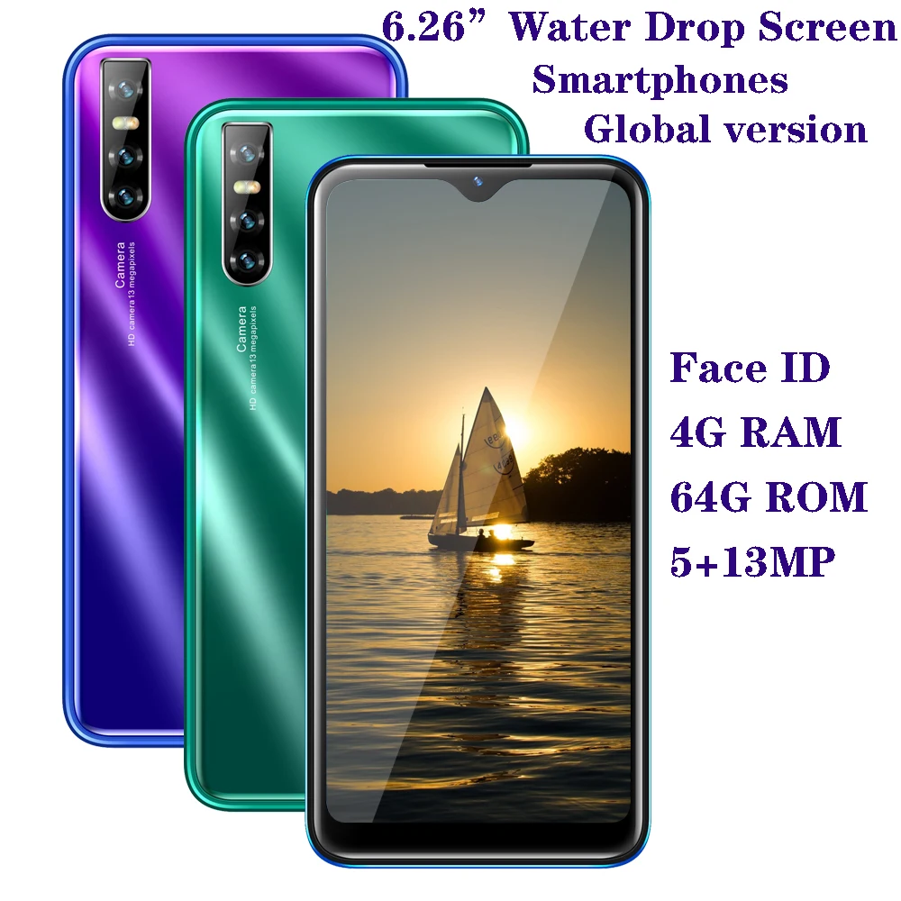 A10 Smartphones 6.26" Water drop Screen 4GB RAM 64G ROM 13MP Android Mobile Phones Face ID Unlocked Celulares Global version 3G |