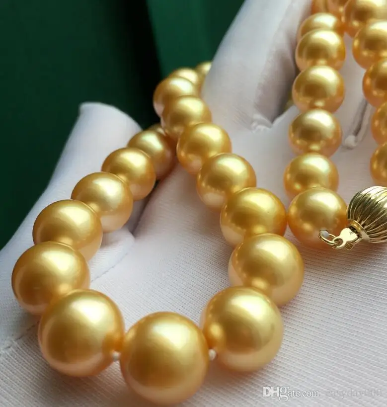 NEW FINE gorgeous 12-15mm real round south sea gold yellow pearl necklace 18inch 14k 
NEW FINE gorgeous 12-15mm real round south sea gold yellow pearl necklace 18inch 14k