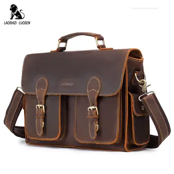 

LAOSHIZI LUOSEN Men Briefcase Handbags Business bag Crazy Horse Genuine Leather portfolio men briefcase male laptop bag office
