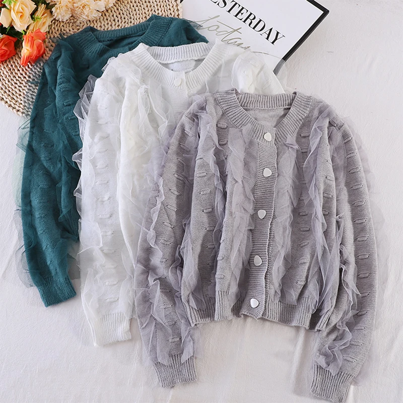 Mesh Patchwork Ruffles Knitted Sweaters Cardigans Women 6Colors Solid Single Breasted Cadigan Fashion Design Knitwear Female Top
Mesh Patchwork Ruffles Knitted Sweaters Cardigans Women 6Colors Solid Single Breasted Cadigan Fashion Design Knitwear Female Top
