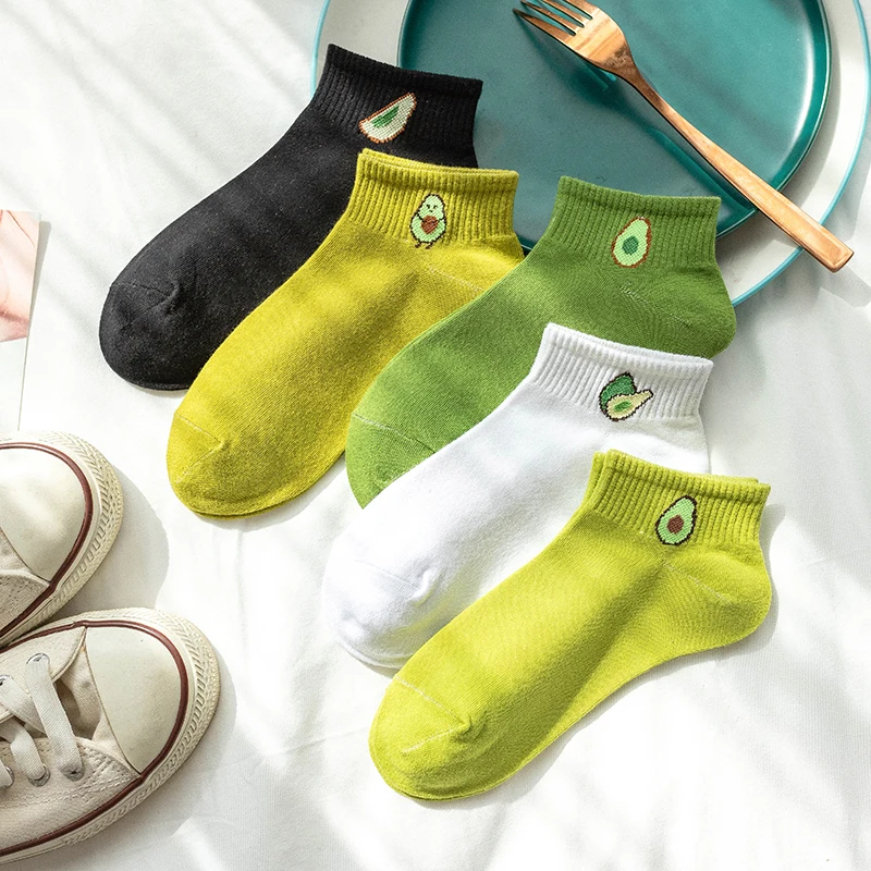 

Women Solid Avocado Embroidery Socks Casual Joker Cotton Short Socks Ladies Concise Korean College Style Breathable Sox Trendy