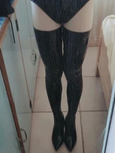 Ftshist-Botas por encima de la rodilla de cuero PU, zapatos de talla grande, negro, elástico, Sexy, brillante, zapatos de tacón muy alto