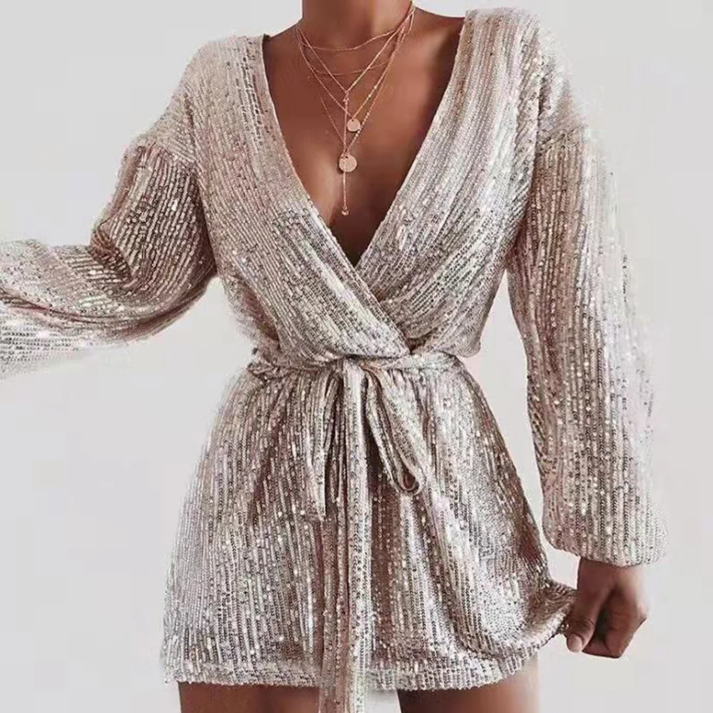 Yesexy 2019 Sexy Deep V Neck Sequins Long Sleeve Women Mini Dresses Lace up Solid Color Mini Dresses DM2036
Yesexy 2019 Sexy Deep V Neck Sequins Long Sleeve Women Mini Dresses Lace up Solid Color Mini Dresses DM2036