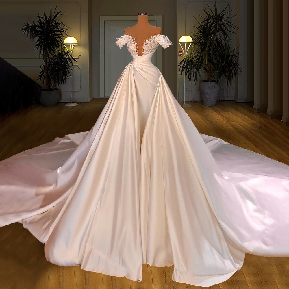Атласное свадебное платье с коротким рукавом и длинным шлейфом Дубай съемный