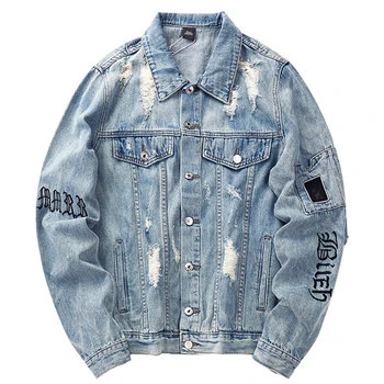 Mens Denim Bomber Jackets Ripped Holes Vintage Gothic Letter Embroidery Short Jacket Jeans Distressed Streetwear Hip Hop 2018 
Mens Denim Bomber Jackets Ripped Holes Vintage Gothic Letter Embroidery Short Jacket Jeans Distressed Streetwear Hip Hop 2018