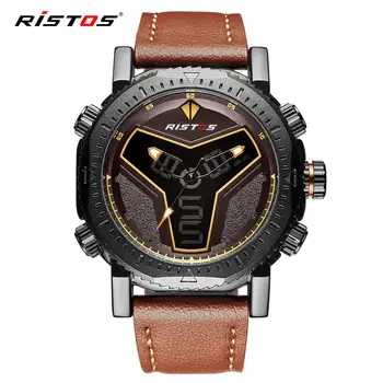 

RISTOS 2020 Chronograph Sport Watch Analog Digital Men Wristwatch Multifunction Leather Watches Male LED Reloj Masculino Hombre