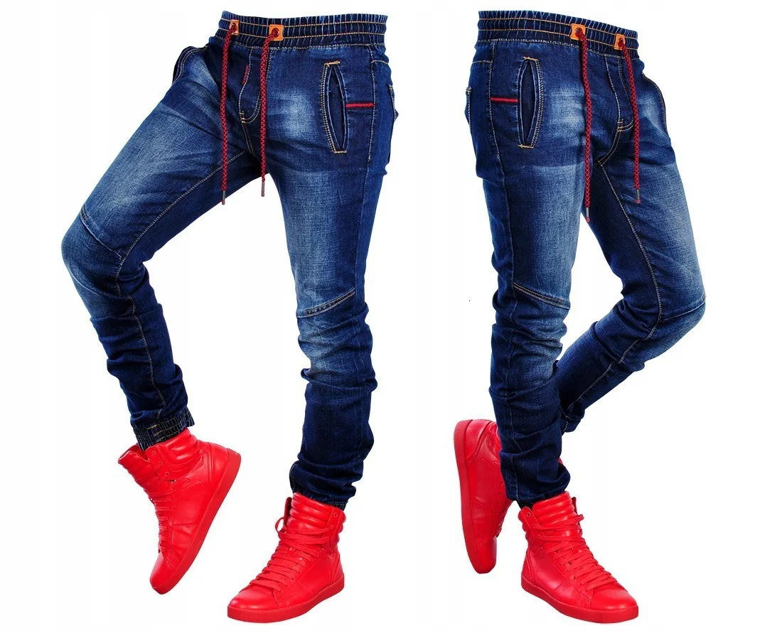 

Mens Pencil Jeans Striaght Pleated Biker Jean Pants Men's Slim Fit Brand Designer Blue Elasticity Denim Trousers Jeans Hombre