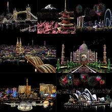 40x28cm Magic Scratch pintura artística sobre papel con palo de dibujo DIY Edificio famoso pintado niños adultos DIY juguetes pintura regalo Navidad(China)