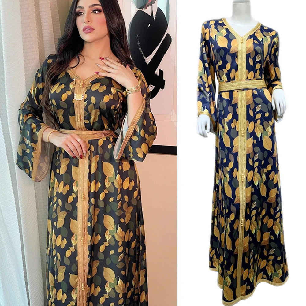 

Eid Ramadan Muslim Women Print Jalabiya Long Dress Kaftan Islamic Dubai Turkey Abaya Middle East Arabic Maxi Robe Elegant Gown