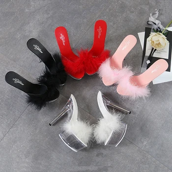 Sexy Feather Woman Slippers 15cm Transparent High Heel Shoes Fur Big Size 34- 43 thin heel Sandals TWS065
Sexy Feather Woman Slippers 15cm Transparent High Heel Shoes Fur Big Size 34- 43 thin heel Sandals TWS065