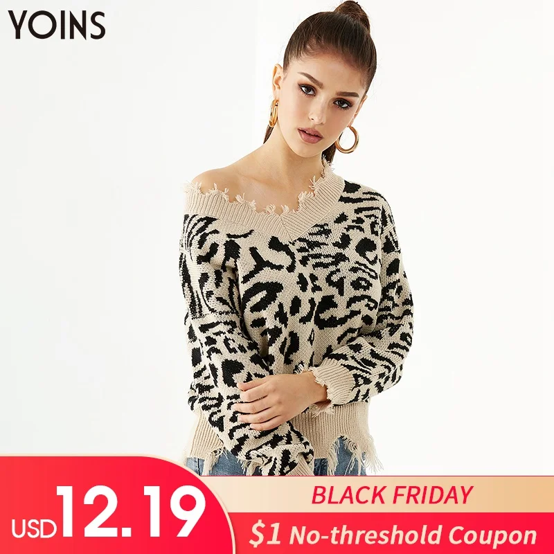 

YOINS 2019 Spring Autumn Winter Sweater Women Ripped Details Leopard One Shoulder Jumper Female Casual Sexy Cropped Tops Regular