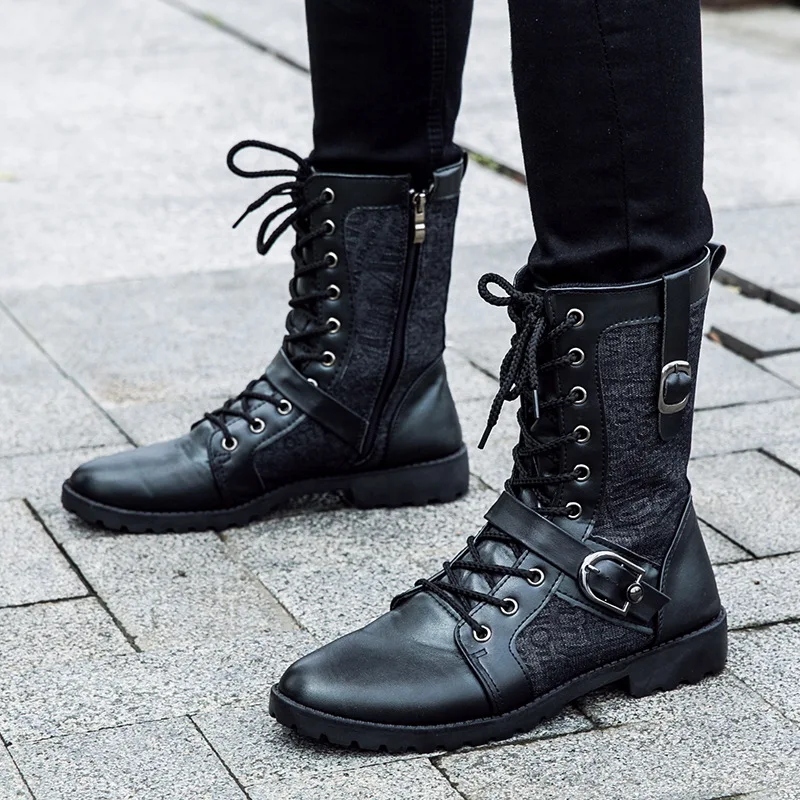 Фото Мужские черные армейские ботинки в стиле ретро с пряжкой панк уличные