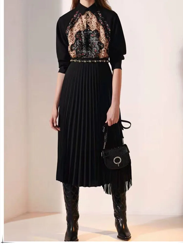 Vintage Print Pleated Dress With Belt Women Turn Down Collar Long Sleeve Midi Dress 
Vintage Print Pleated Dress With Belt Women Turn Down Collar Long Sleeve Midi Dress