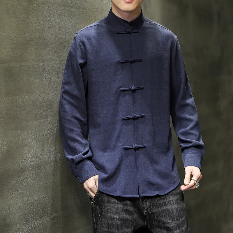 2021 Spring Autumn New Chinese Style Button Shirts for Men Cotton and Linen Long Sleeve Solid Color Kung Fu Tai Chi Top | Тематическая