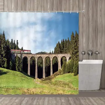 Apartment Decorated Shower Curtain Set, Train Bridge Between Tropical Trees Exotic Jungle Fresh Relaxation Road Nature Image,
Apartment Decorated Shower Curtain Set, Train Bridge Between Tropical Trees Exotic Jungle Fresh Relaxation Road Nature Image,