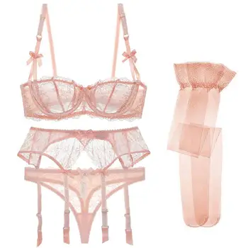 Varsbaby fashion sexy lace transparent unlined half cup underwear bra+thongs+garters+stockings 4 pcs bra set for ladies
Varsbaby fashion sexy lace transparent unlined half cup underwear bra+thongs+garters+stockings 4 pcs bra set for ladies